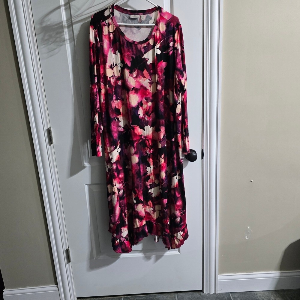 LOGO Lori Goldstein Womens 2X Floral Long Sleeve Ruffle Hem Dress maxi pocket